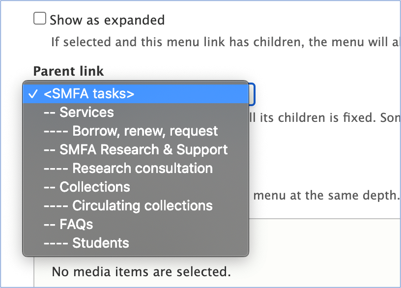 Screenshot showing Parent Link menu