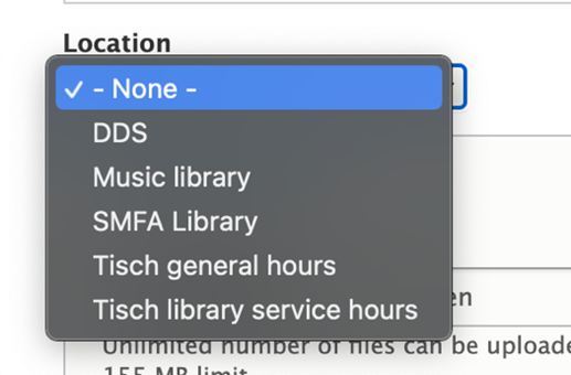 Screenshot of Location field with menu dropped down on Hours entry page