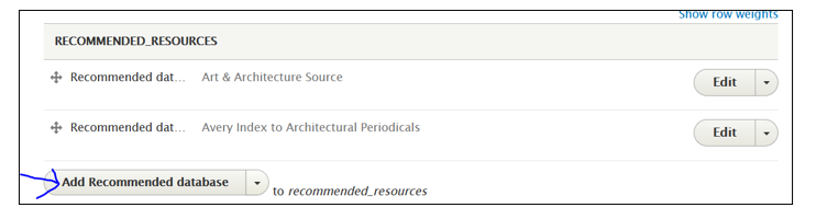 Screenshot of box to add a Recommended Resource, with Add Recommended database button indicated with an arrow