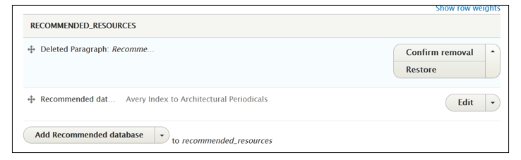 Screenshot of box to add a Recommended resource, with Confirm & Restore options