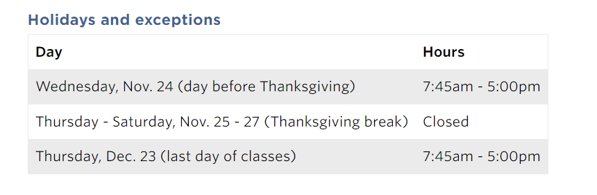Screenshot of holidays and exceptions tables for Tisch hours