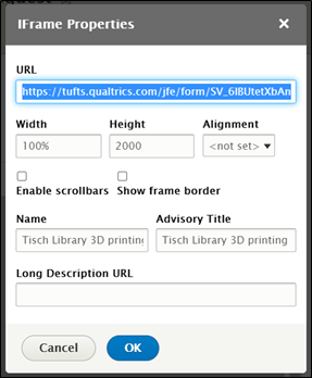 screenshot of the box to add an iframe in Drupal